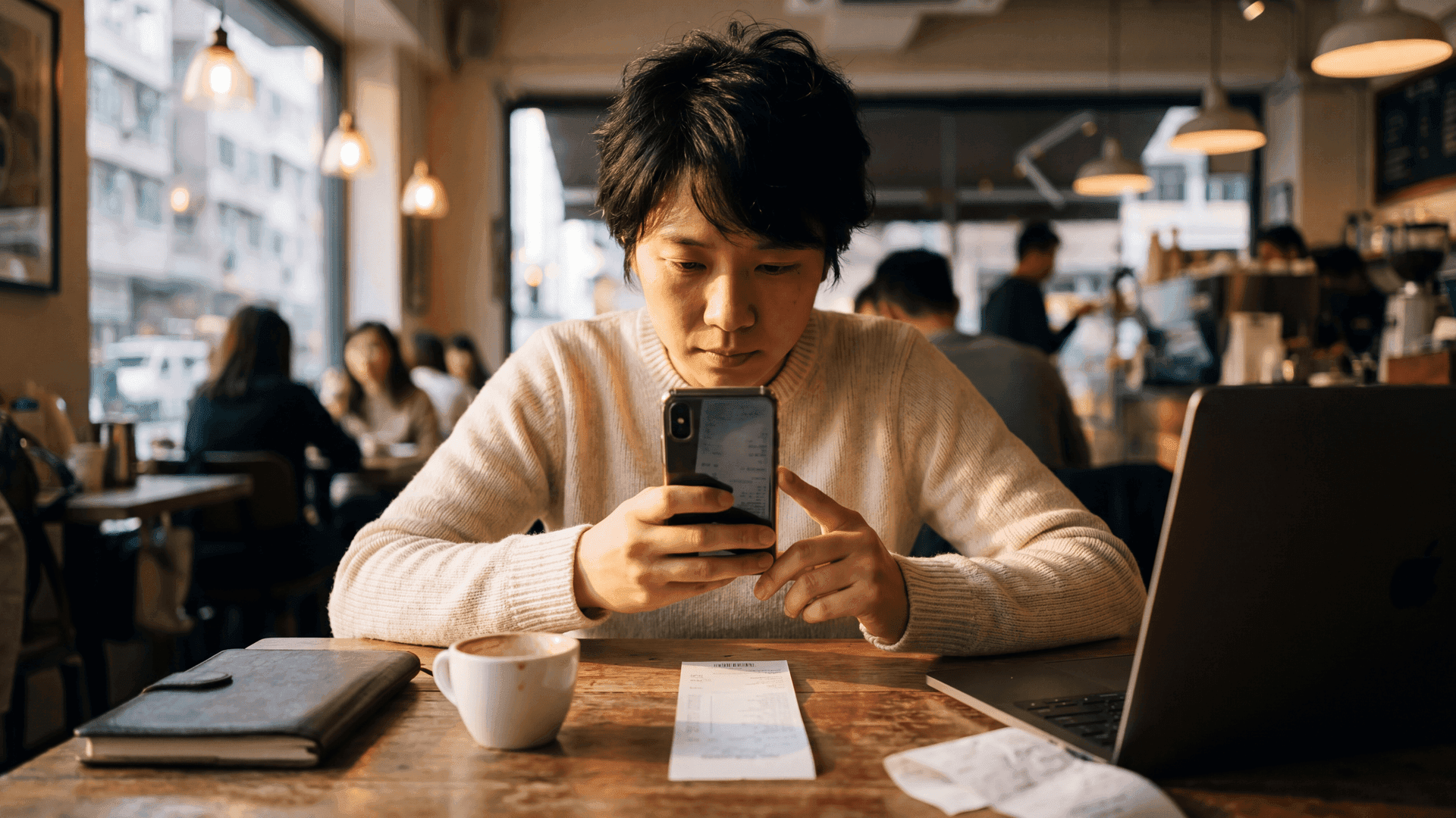 A freelancer captures a receipt with their phone, held upright in portrait, in a sunlit Asian café
