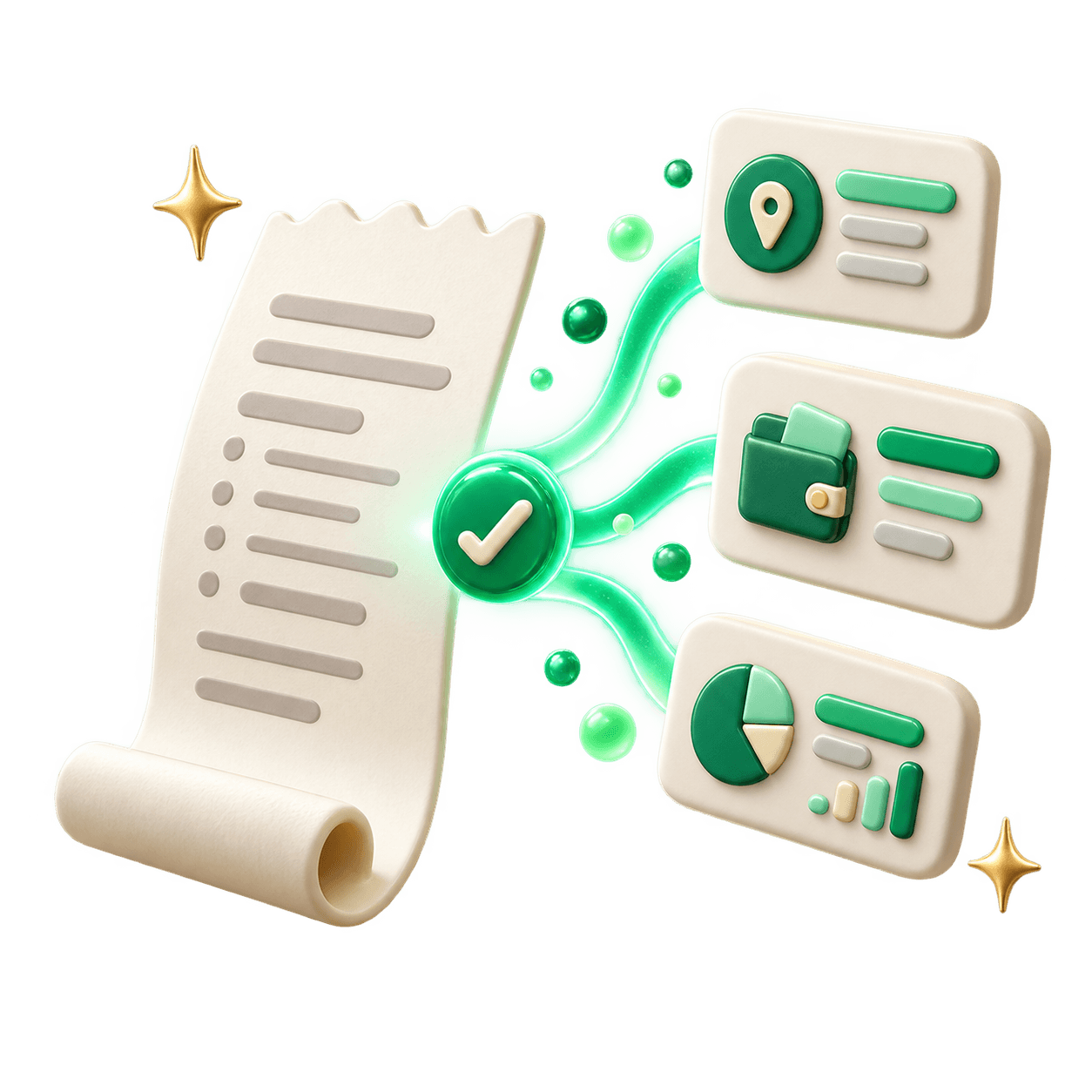領収書から経費情報が整理されるイラスト