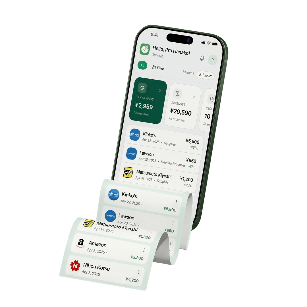 Denpyo app showing receipt scanning and expense tracking