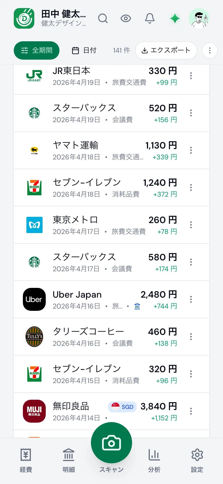 スマートフォンのDenpyoアプリ。ひとりの経費が日付順に並んでいます。